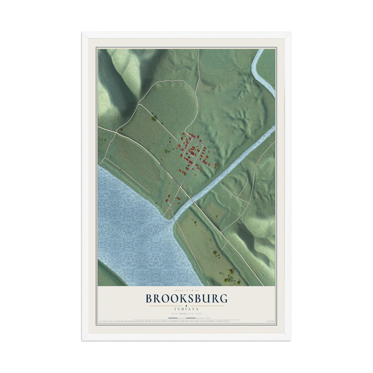 Map of Brooksburg, Indiana, 12 x 18 inch print in a white wood frame