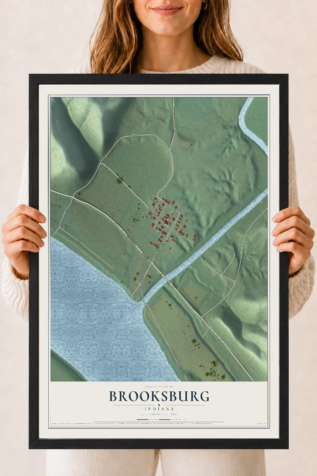 Map of Brooksburg, Indiana, 18 x 24 inch print in a black wood frame