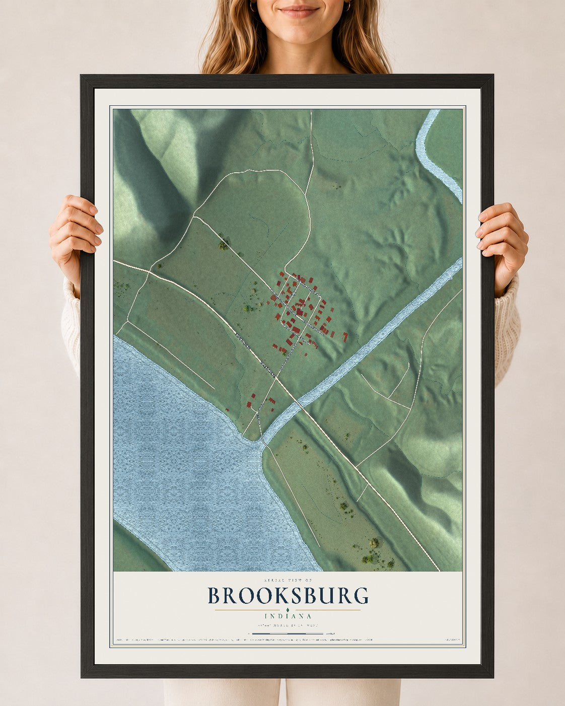 Map of Brooksburg, Indiana, 24 x 36 inch print in a black wood frame