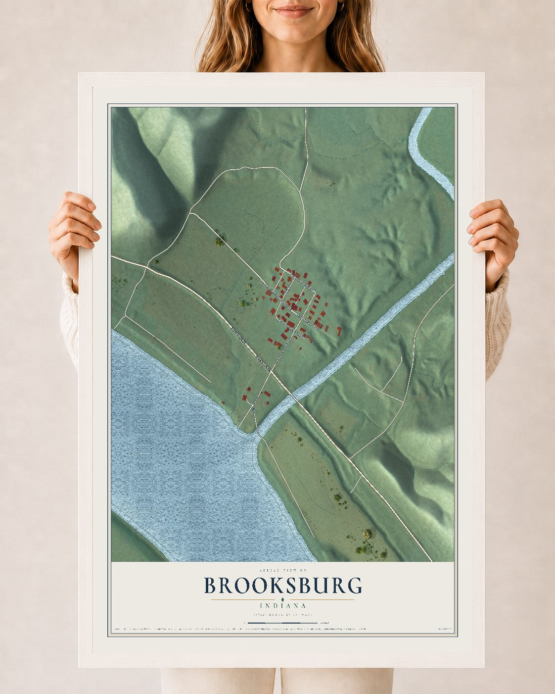 Map of Brooksburg, Indiana, 24 x 36 inch print in a white wood frame
