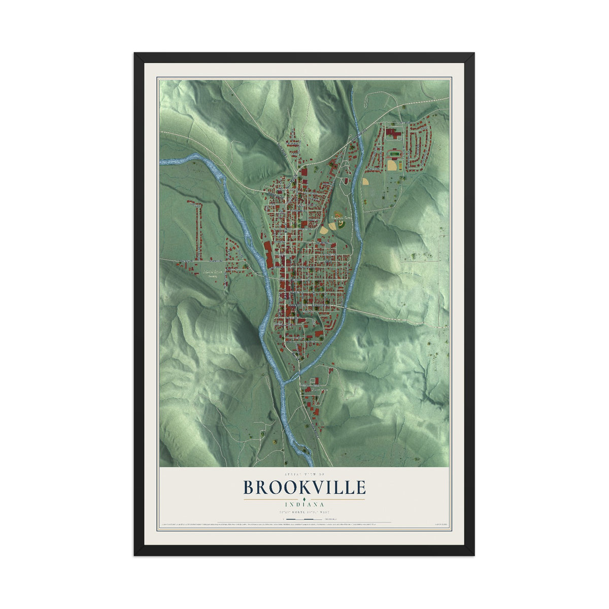Map of Brookville, Indiana, 12 x 18 inch print in a black wood frame