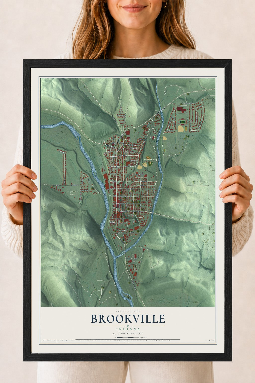 Map of Brookville, Indiana, 18 x 24 inch print in a black wood frame