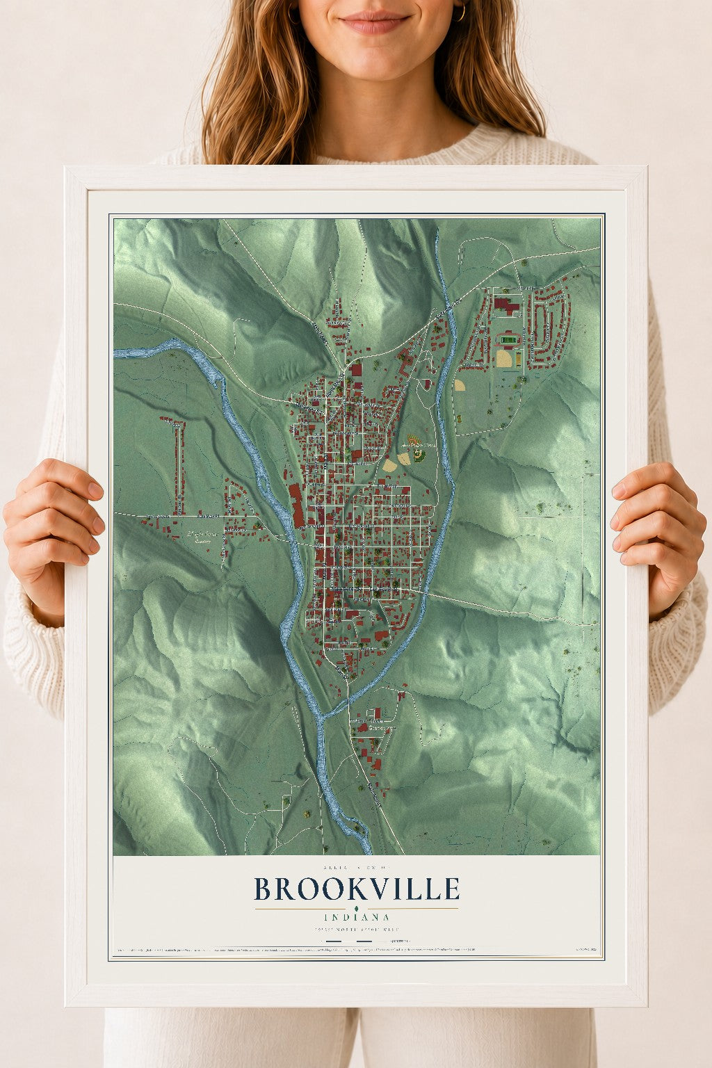 Map of Brookville, Indiana, 18 x 24 inch print in a white wood frame