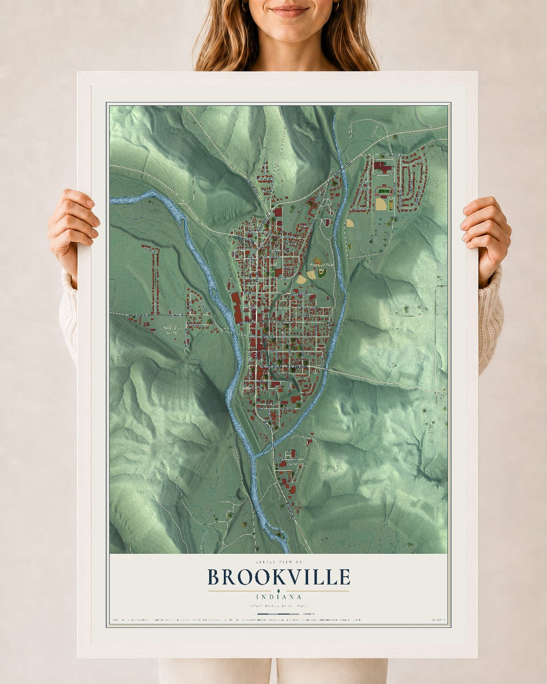 Map of Brookville, Indiana, 24 x 36 inch print in a white wood frame