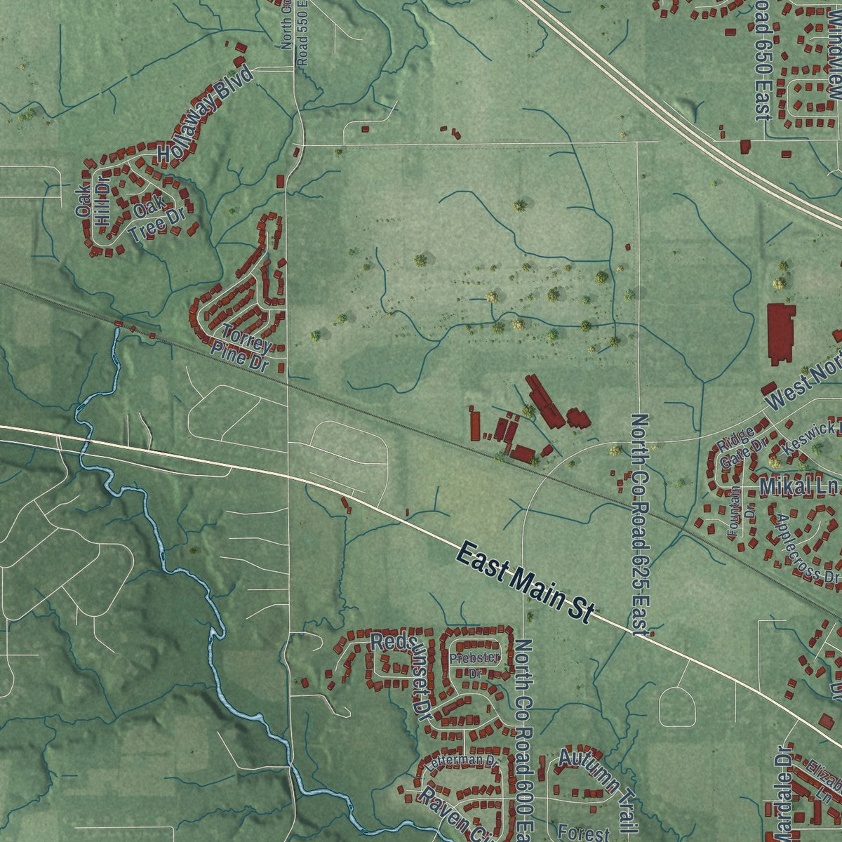 Second close-up of the map of Brownsburg, Indiana print showing more streets and buildings