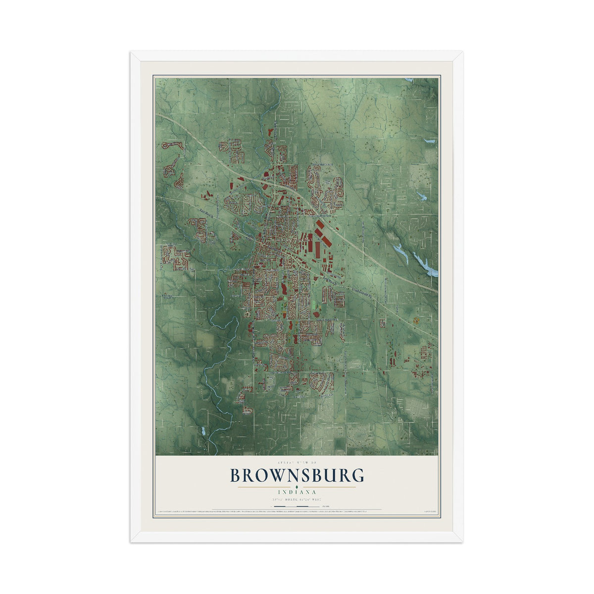 Map of Brownsburg, Indiana, 12 x 18 inch print in a white wood frame