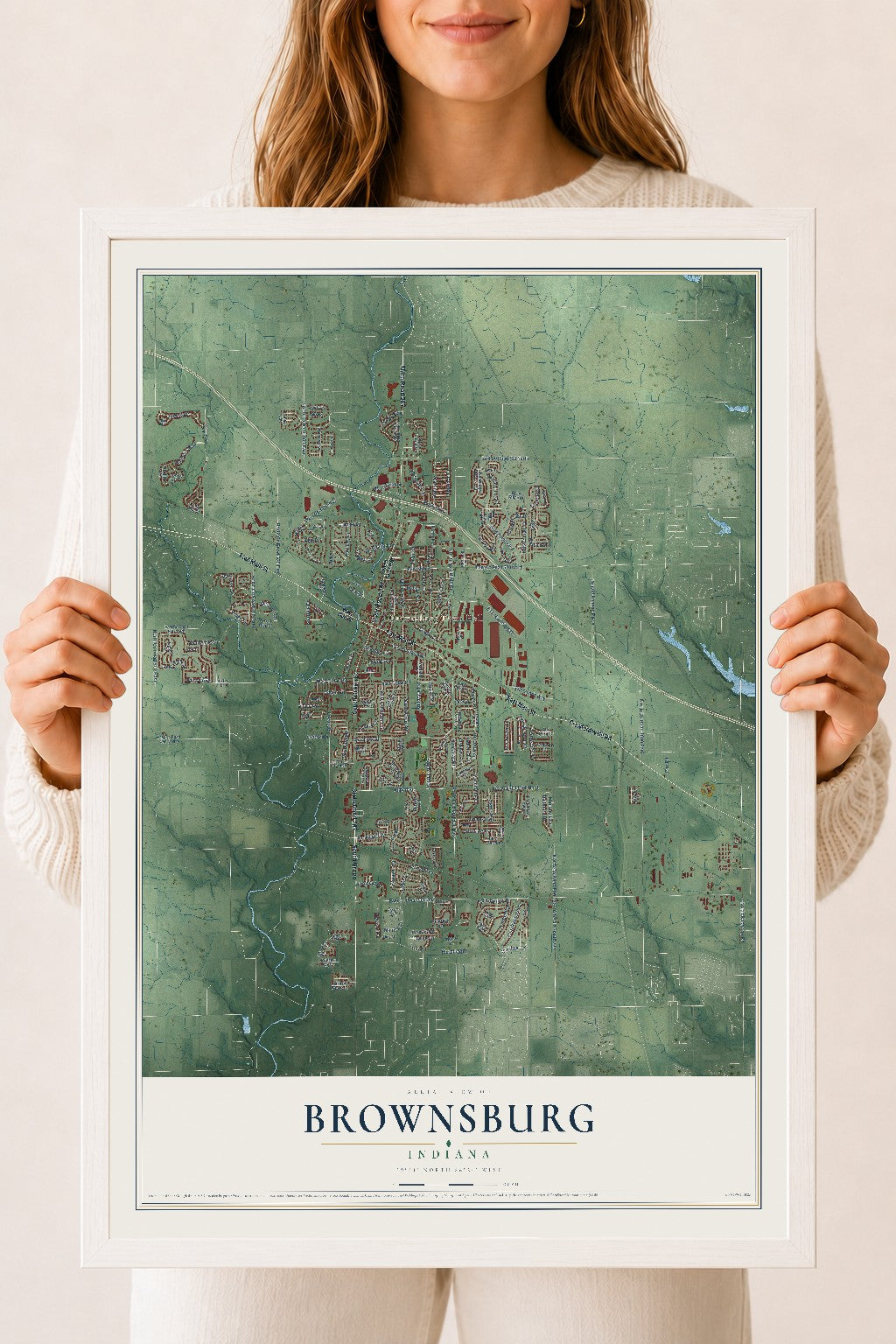 Map of Brownsburg, Indiana, 18 x 24 inch print in a white wood frame