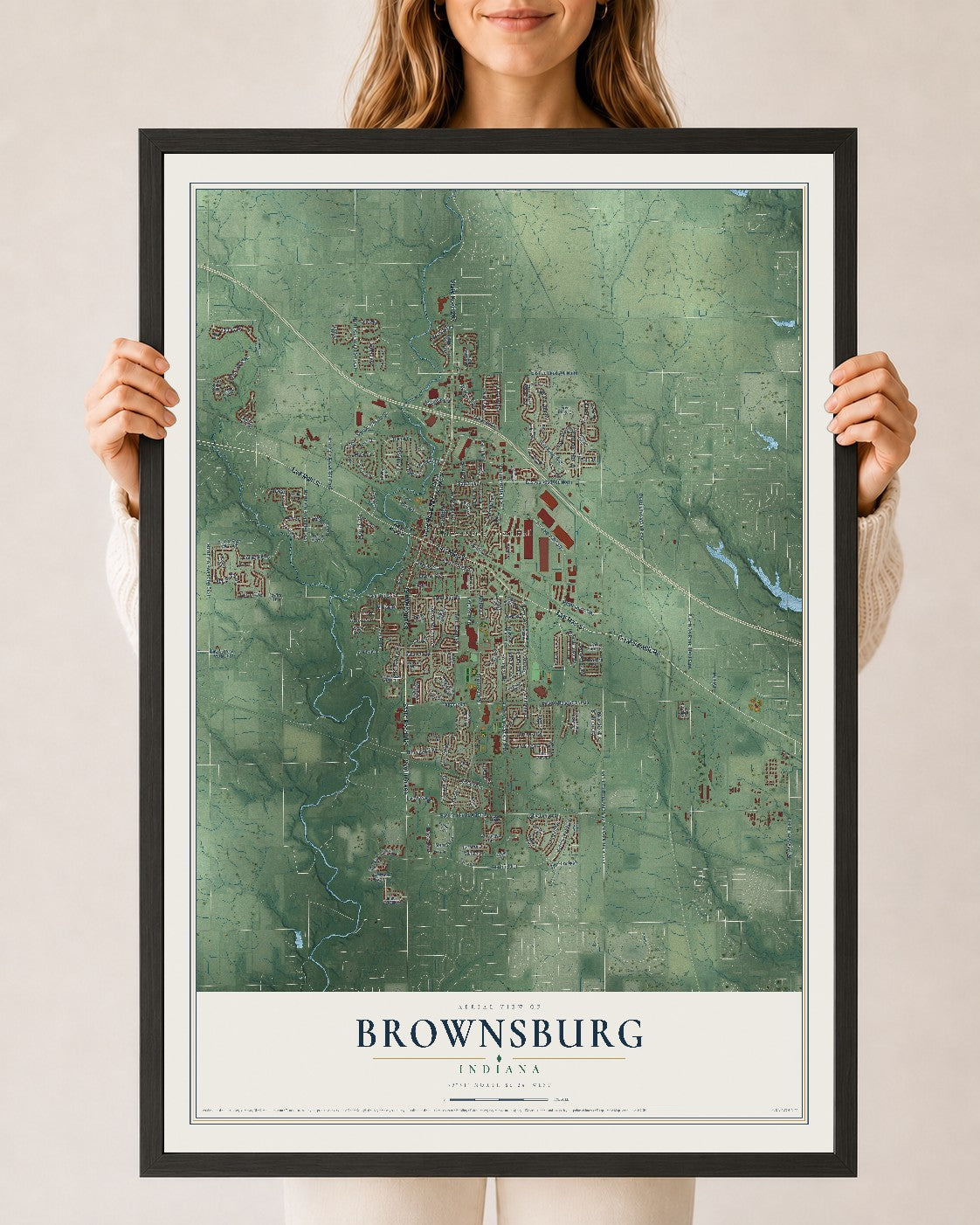 Map of Brownsburg, Indiana, 24 x 36 inch print in a black wood frame