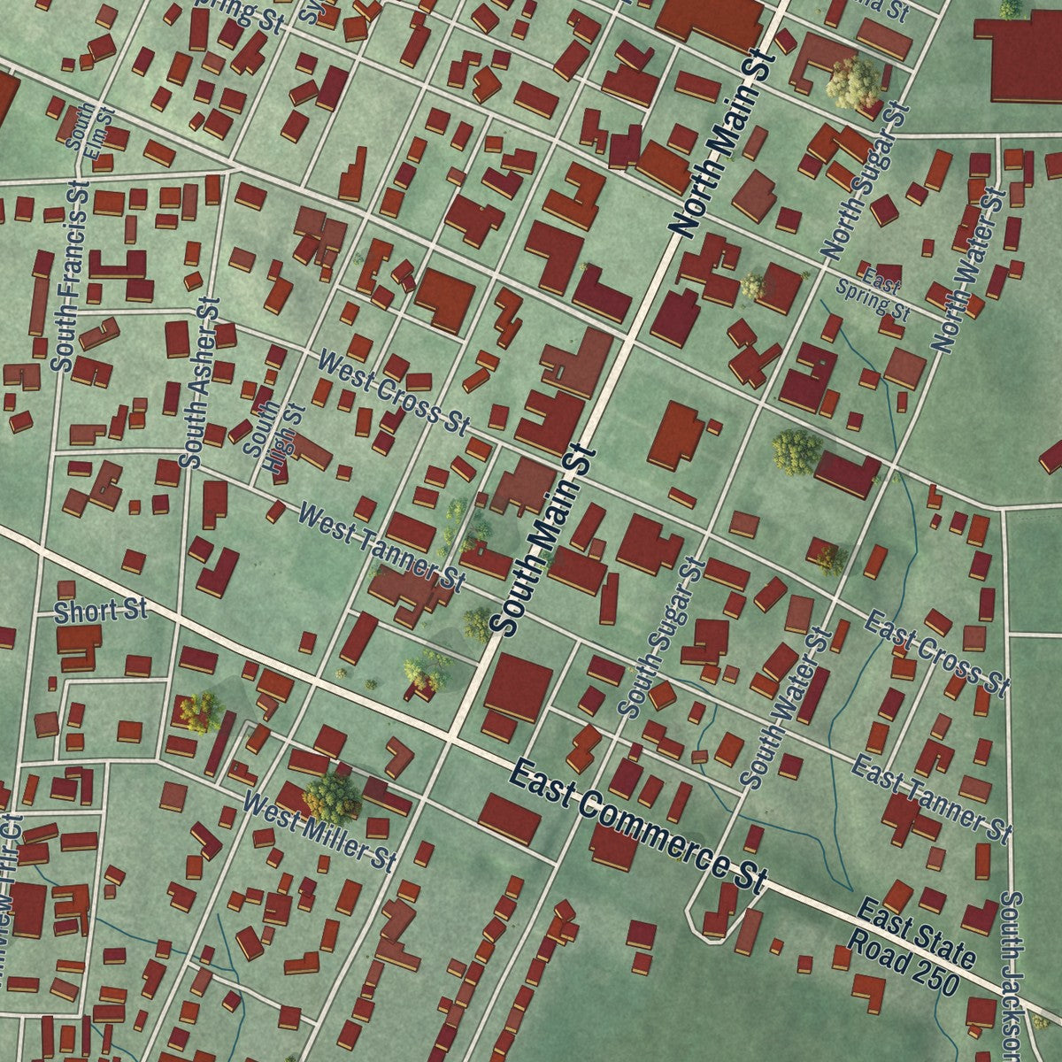 Close-up of the map of Brownstown, Indiana print showing street and building detail