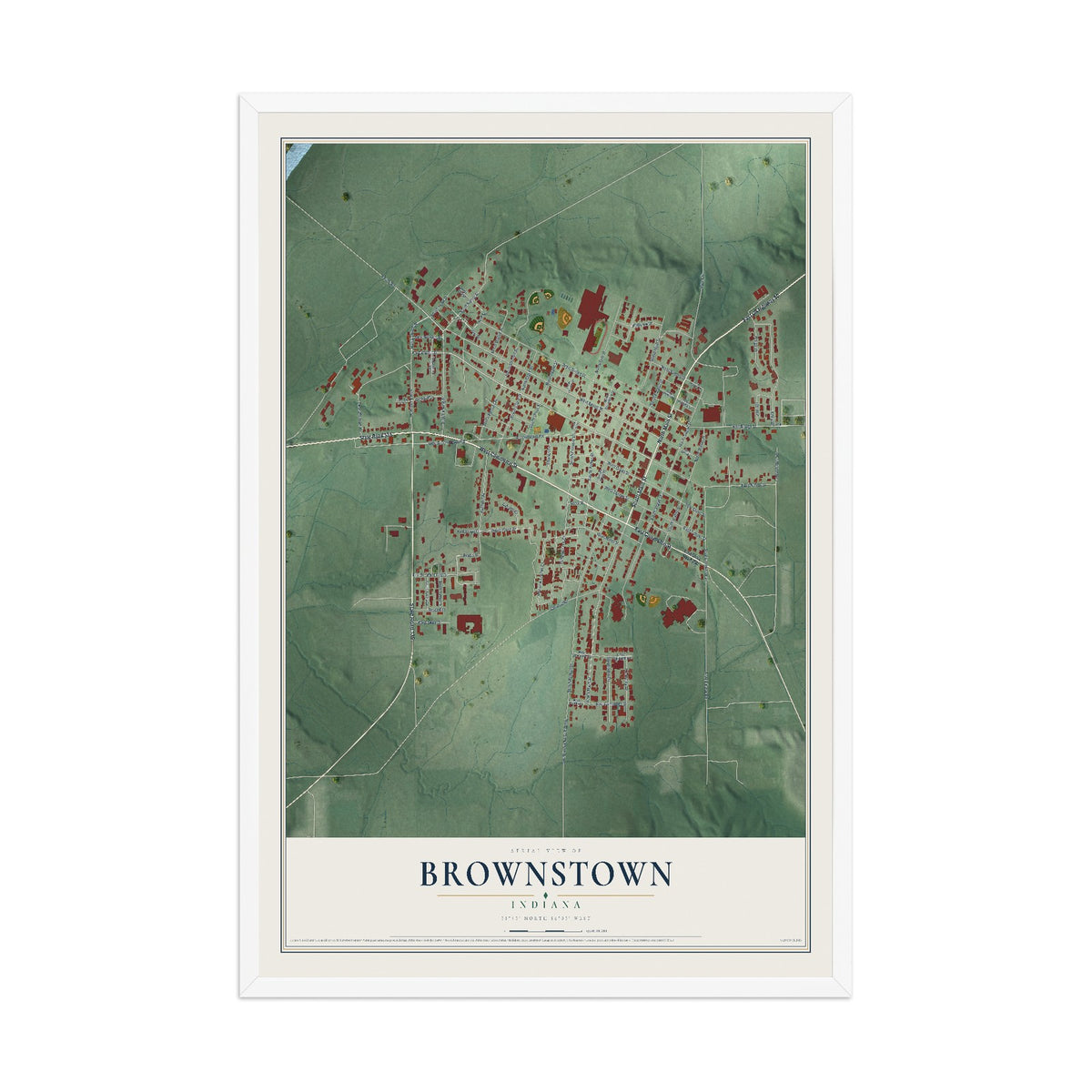 Map of Brownstown, Indiana, 12 x 18 inch print in a white wood frame