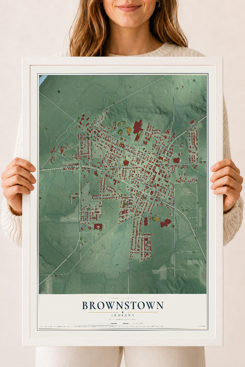 Map of Brownstown, Indiana, 18 x 24 inch print in a white wood frame