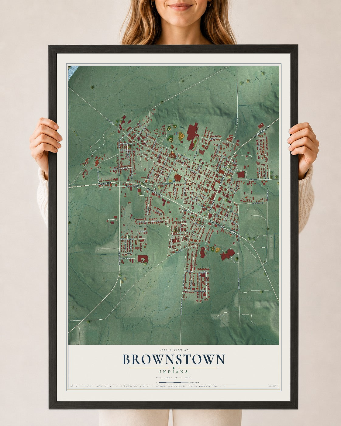 Map of Brownstown, Indiana, 24 x 36 inch print in a black wood frame