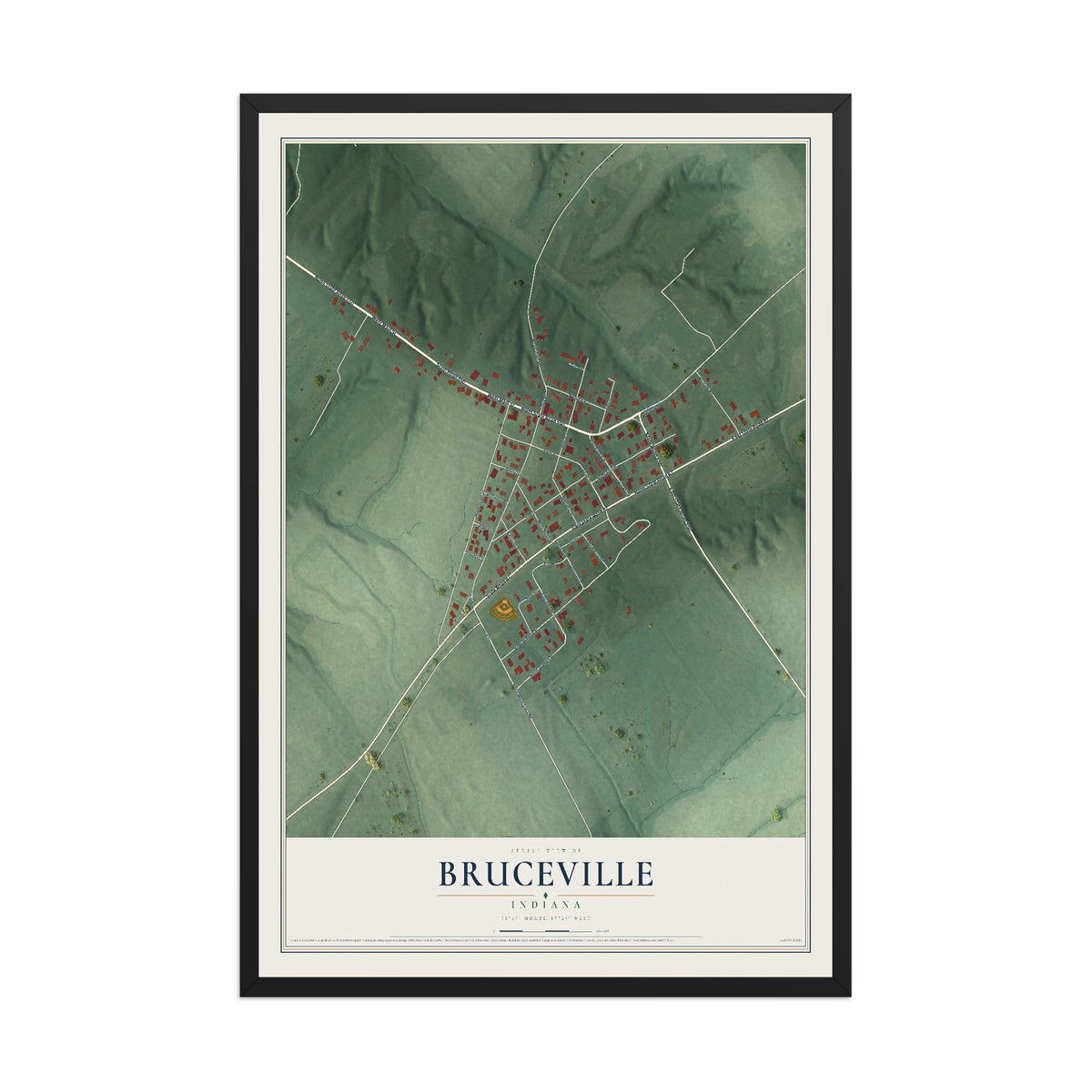 Map of Bruceville, Indiana, 12 x 18 inch print in a black wood frame