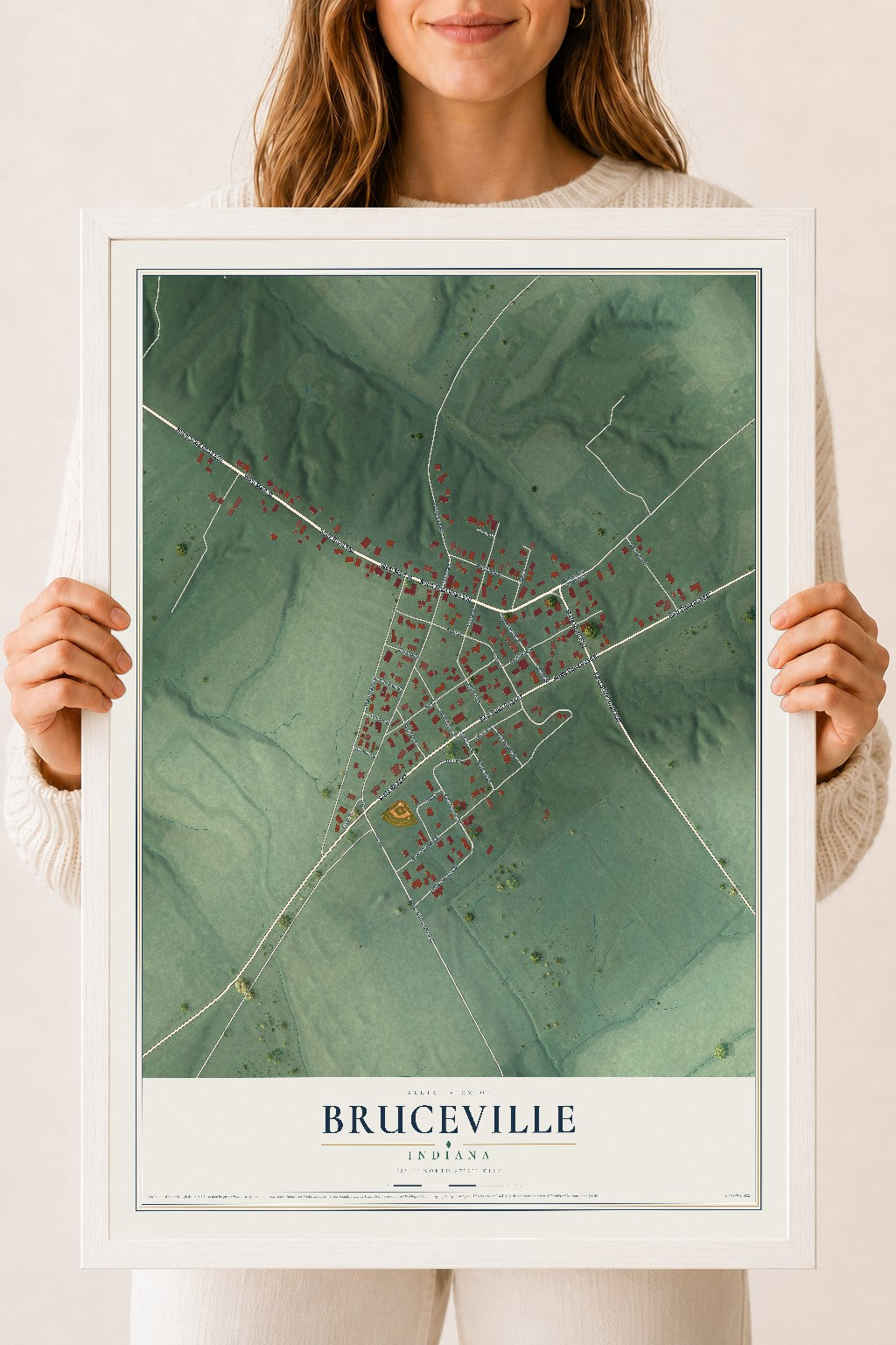 Map of Bruceville, Indiana, 18 x 24 inch print in a white wood frame