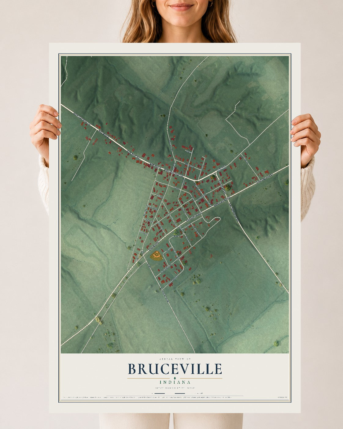 Map of Bruceville, Indiana, 24 x 36 inch unframed archival matte print