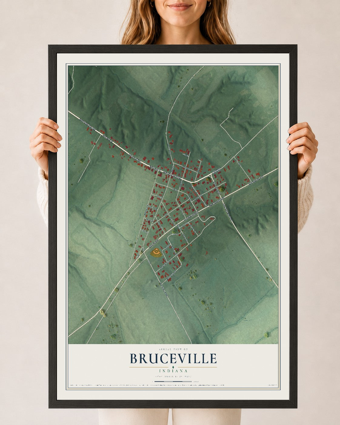 Map of Bruceville, Indiana, 24 x 36 inch print in a black wood frame