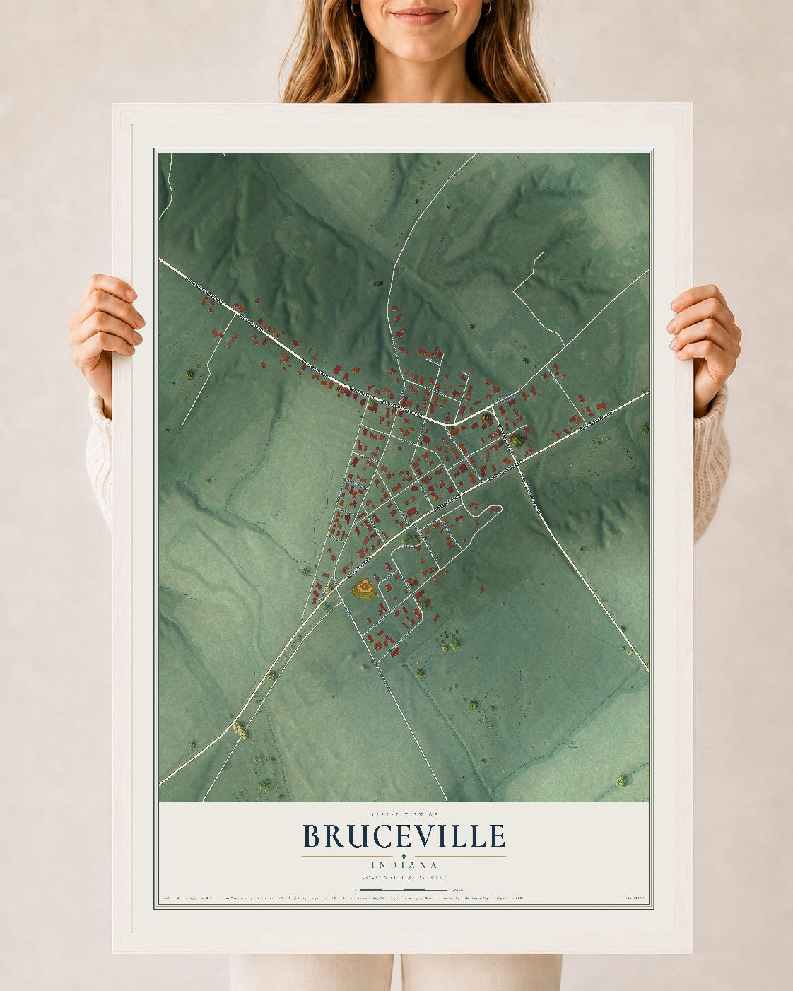 Map of Bruceville, Indiana, 24 x 36 inch print in a white wood frame