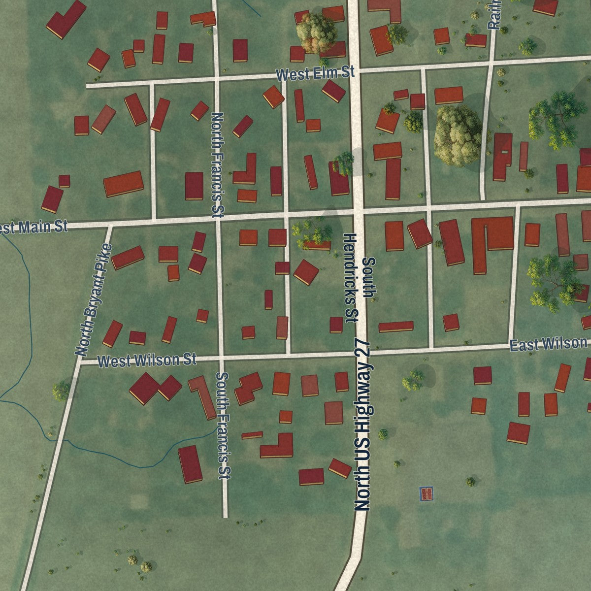 Close-up of the map of Bryant, Indiana print showing street and building detail