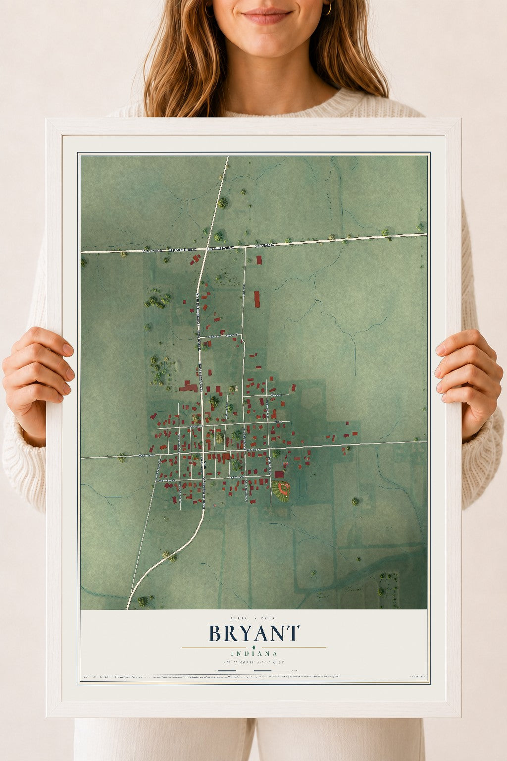 Map of Bryant, Indiana, 18 x 24 inch print in a white wood frame