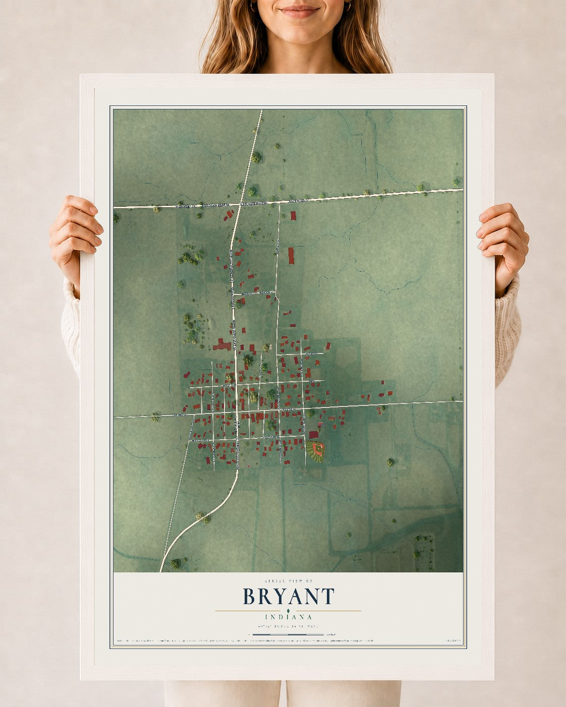 Map of Bryant, Indiana, 24 x 36 inch print in a white wood frame