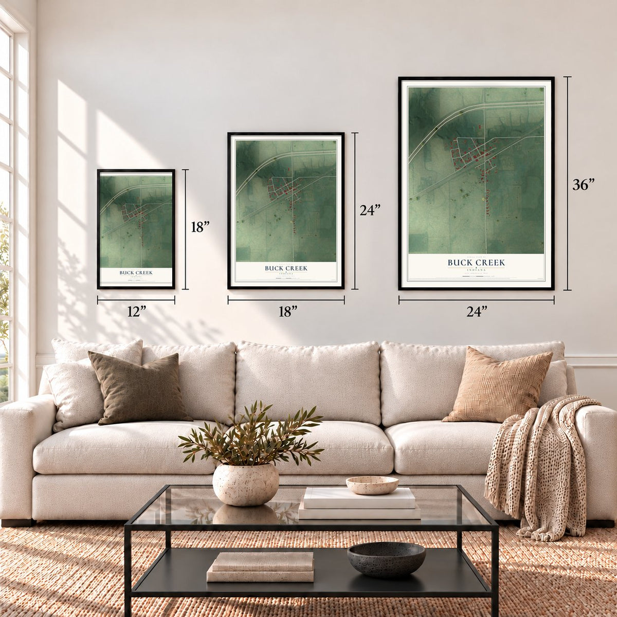 Buck Creek, Indiana map in 12 x 18, 18 x 24 and 24 x 36 inch sizes above a sofa