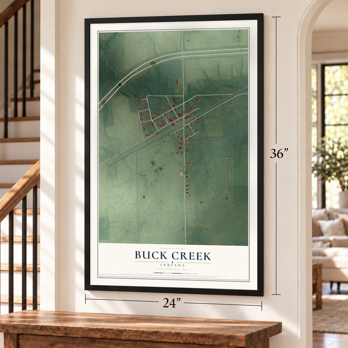 Buck Creek, Indiana map, 24 x 36 inch print in a black frame by a staircase