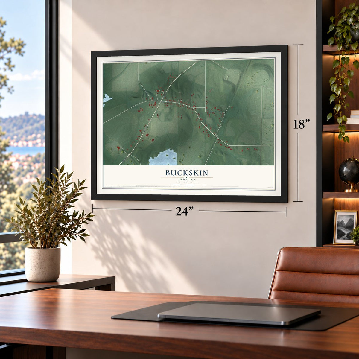 Buckskin, Indiana map, 18 x 24 inch print in a black frame in a home office