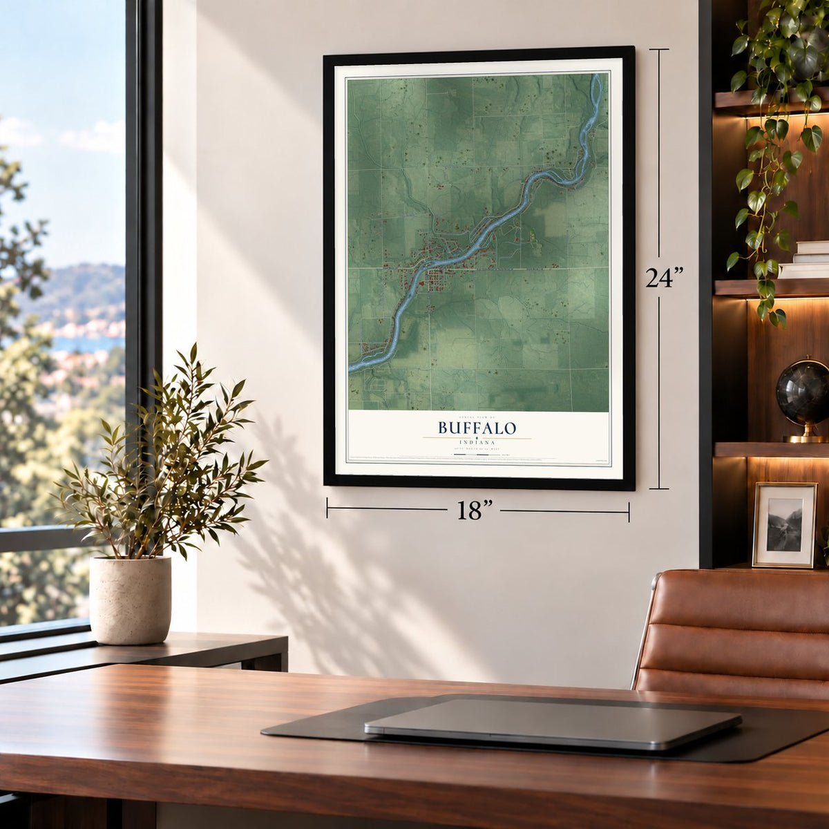 Buffalo, Indiana map, 18 x 24 inch print in a black frame in a home office
