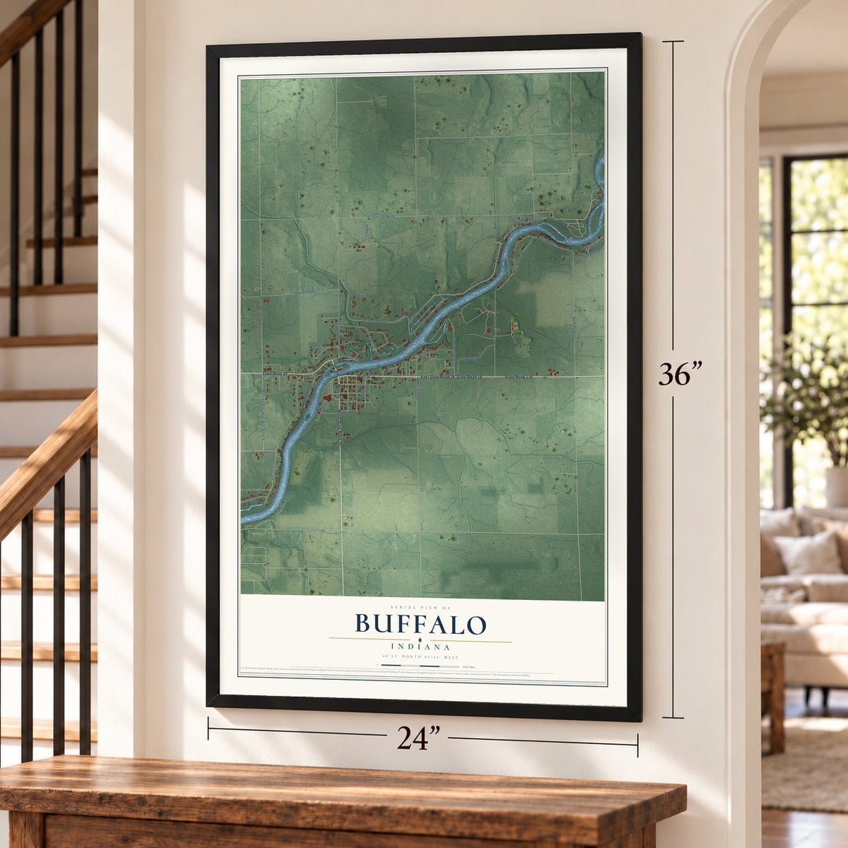 Buffalo, Indiana map, 24 x 36 inch print in a black frame by a staircase