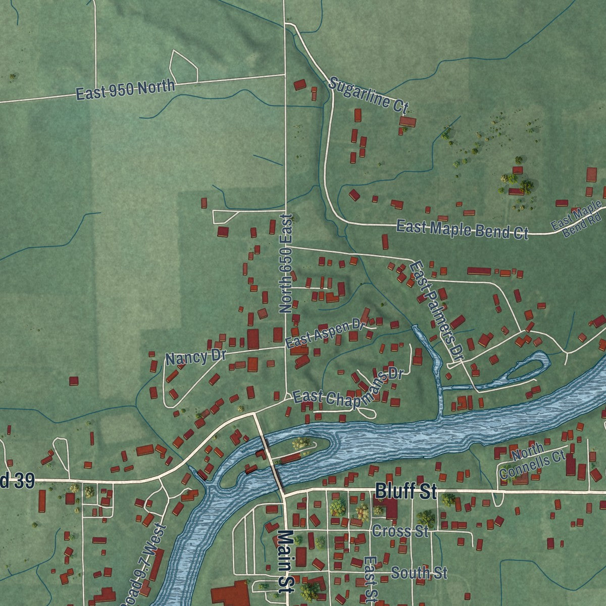 Close-up of the map of Buffalo, Indiana print showing street and building detail