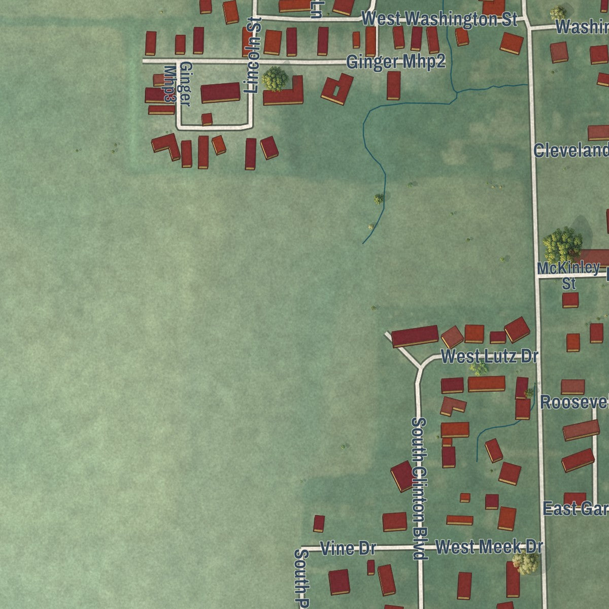 Second close-up of the map of Bunker Hill, Indiana print showing more streets and buildings