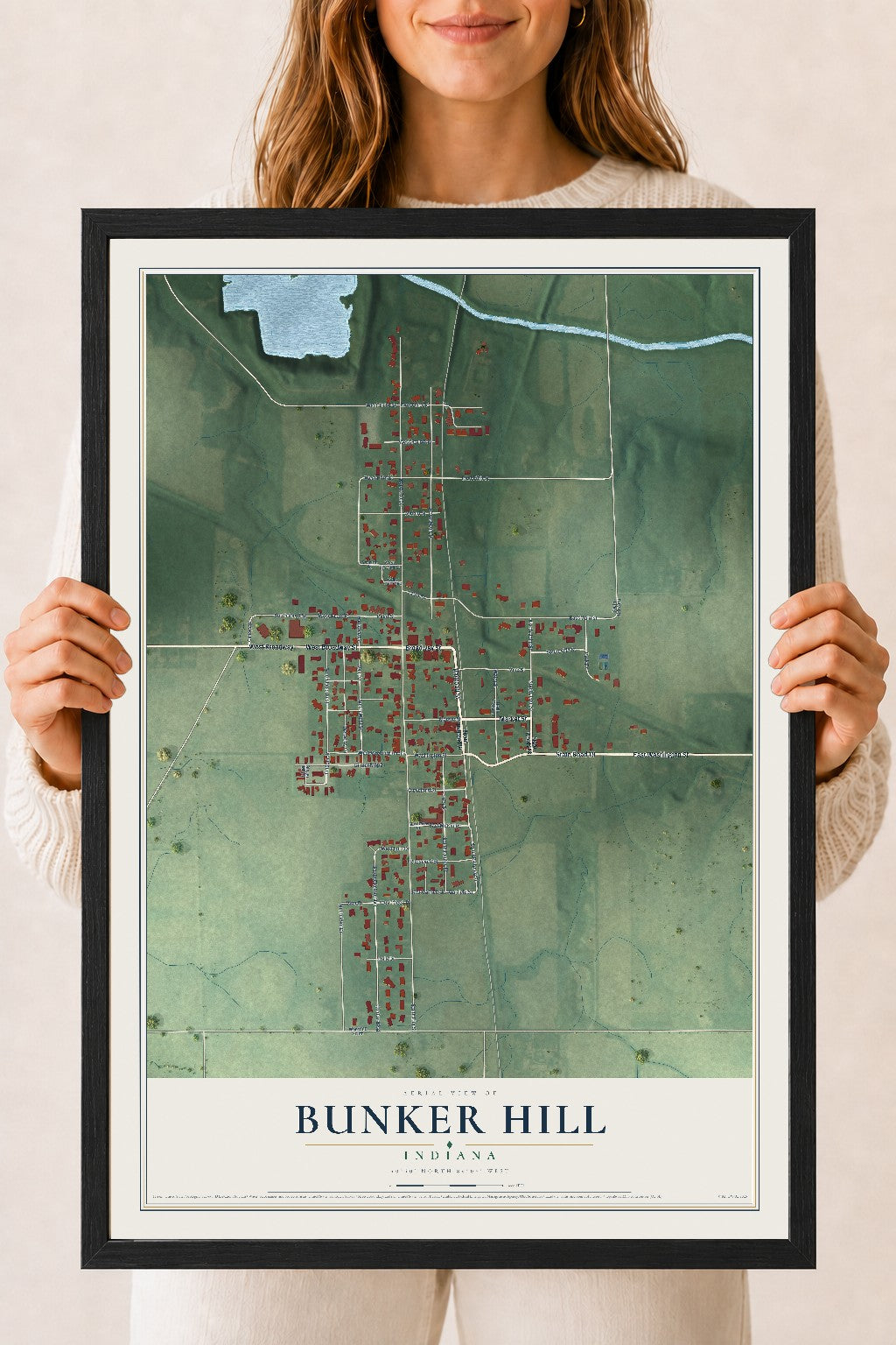 Map of Bunker Hill, Indiana, 18 x 24 inch print in a black wood frame