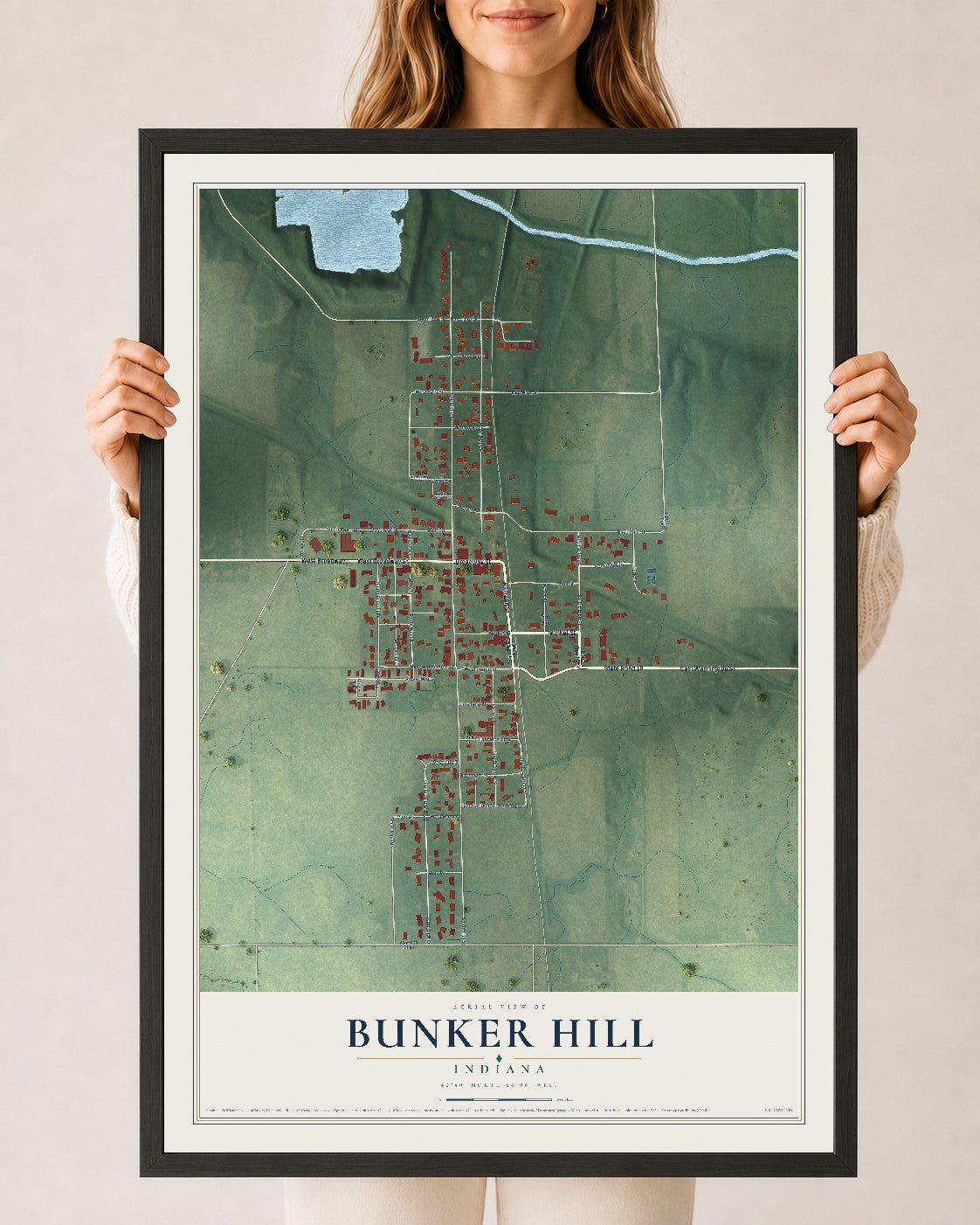 Map of Bunker Hill, Indiana, 24 x 36 inch print in a black wood frame