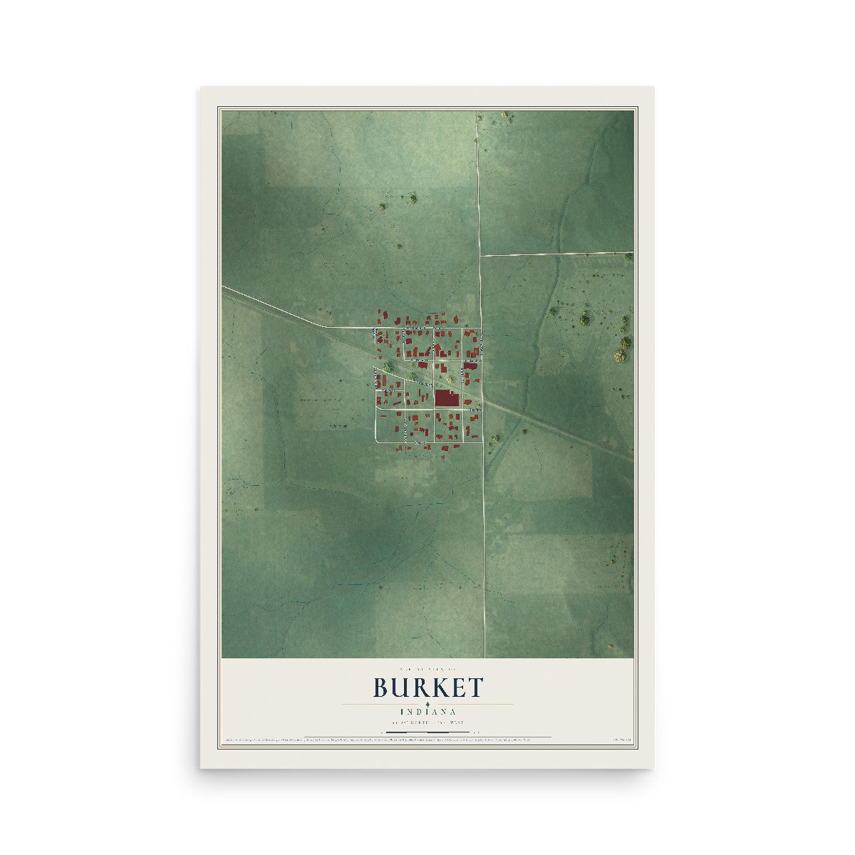Map of Burket, Indiana, 12 x 18 inch unframed archival matte print