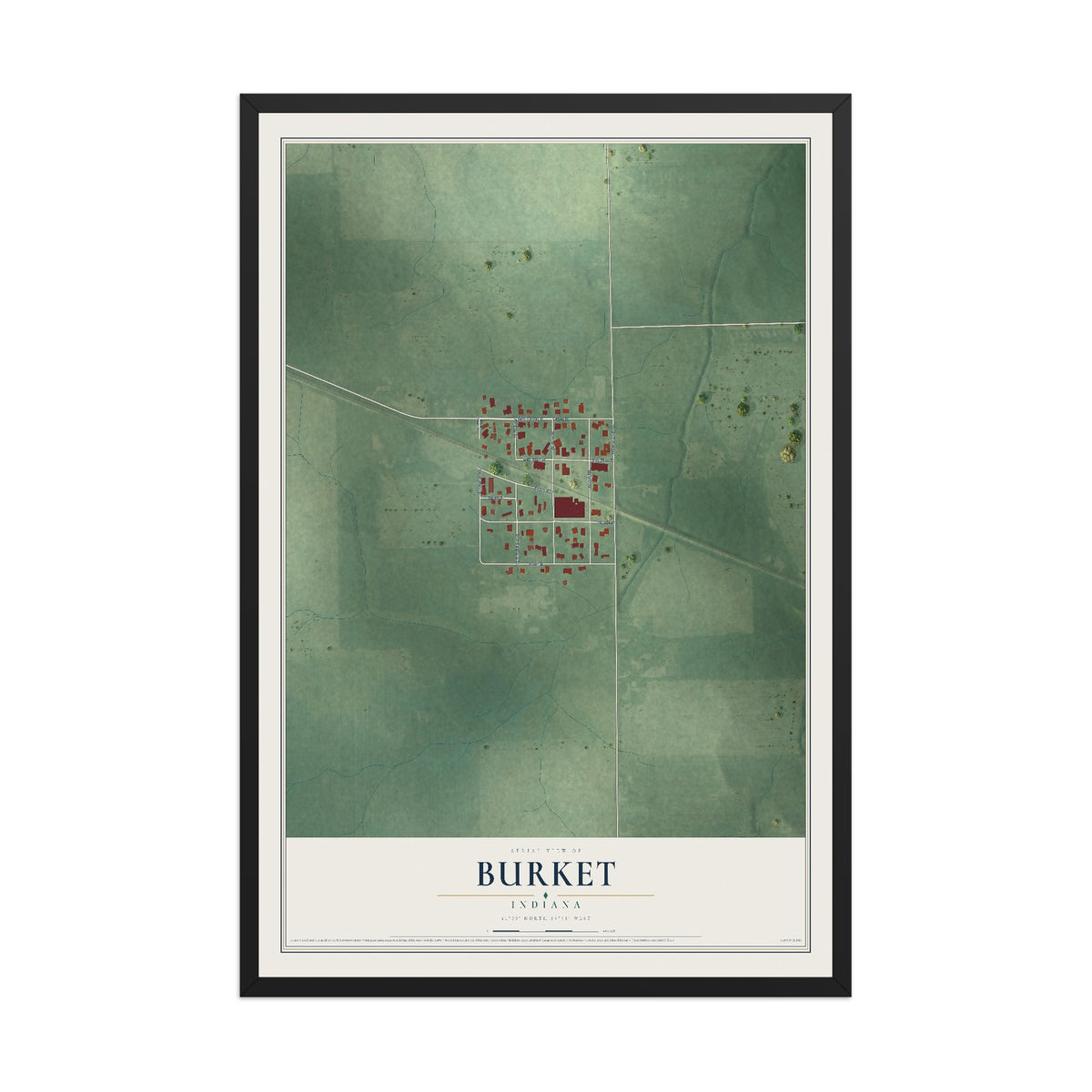 Map of Burket, Indiana, 12 x 18 inch print in a black wood frame