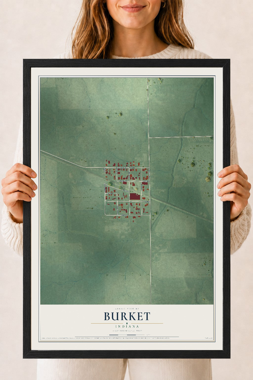 Map of Burket, Indiana, 18 x 24 inch print in a black wood frame