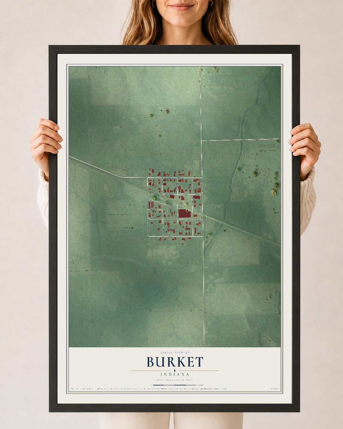 Map of Burket, Indiana, 24 x 36 inch print in a black wood frame