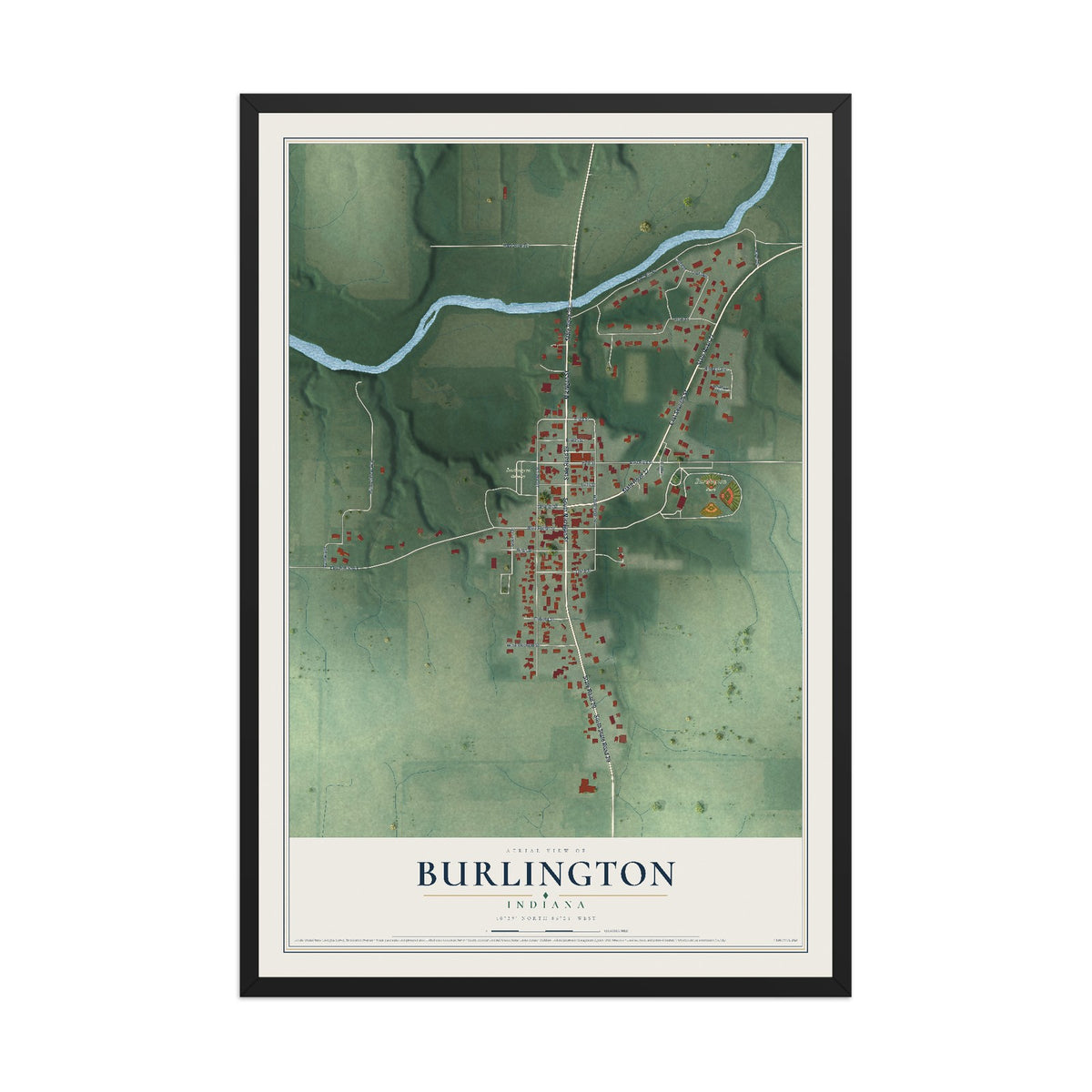 Map of Burlington, Indiana, 12 x 18 inch print in a black wood frame