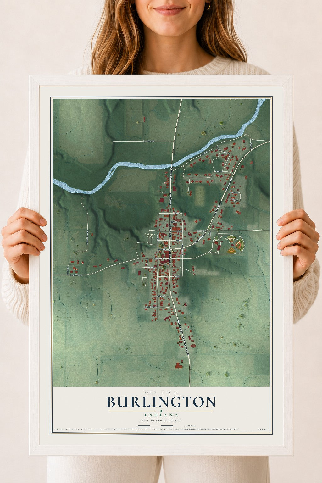 Map of Burlington, Indiana, 18 x 24 inch print in a white wood frame