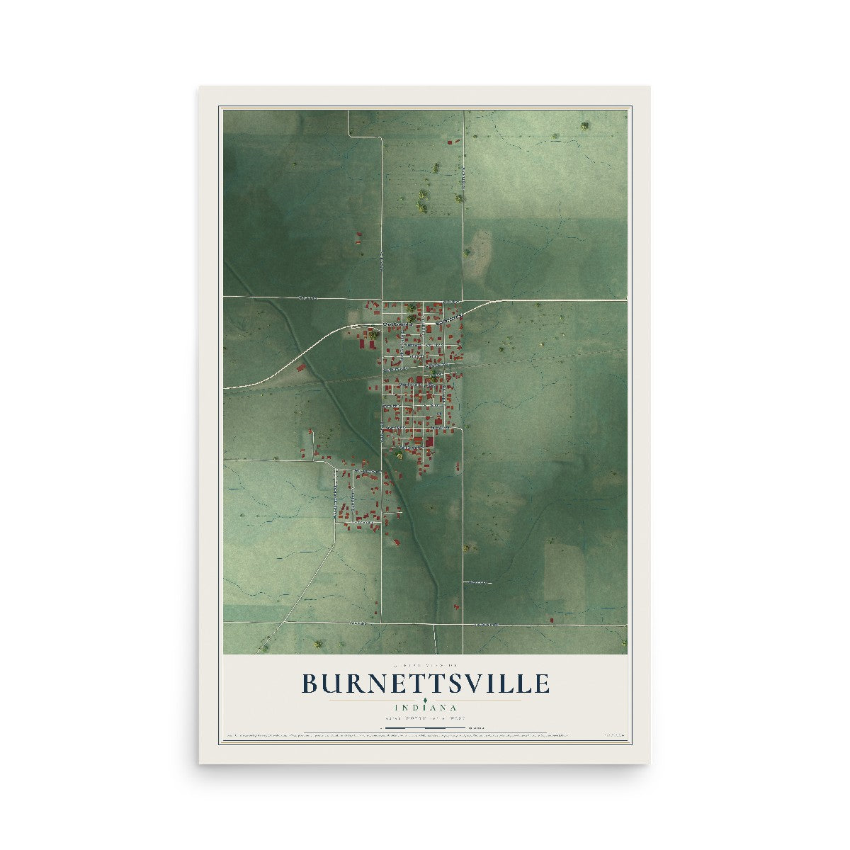Map of Burnettsville, Indiana, 12 x 18 inch unframed archival matte print