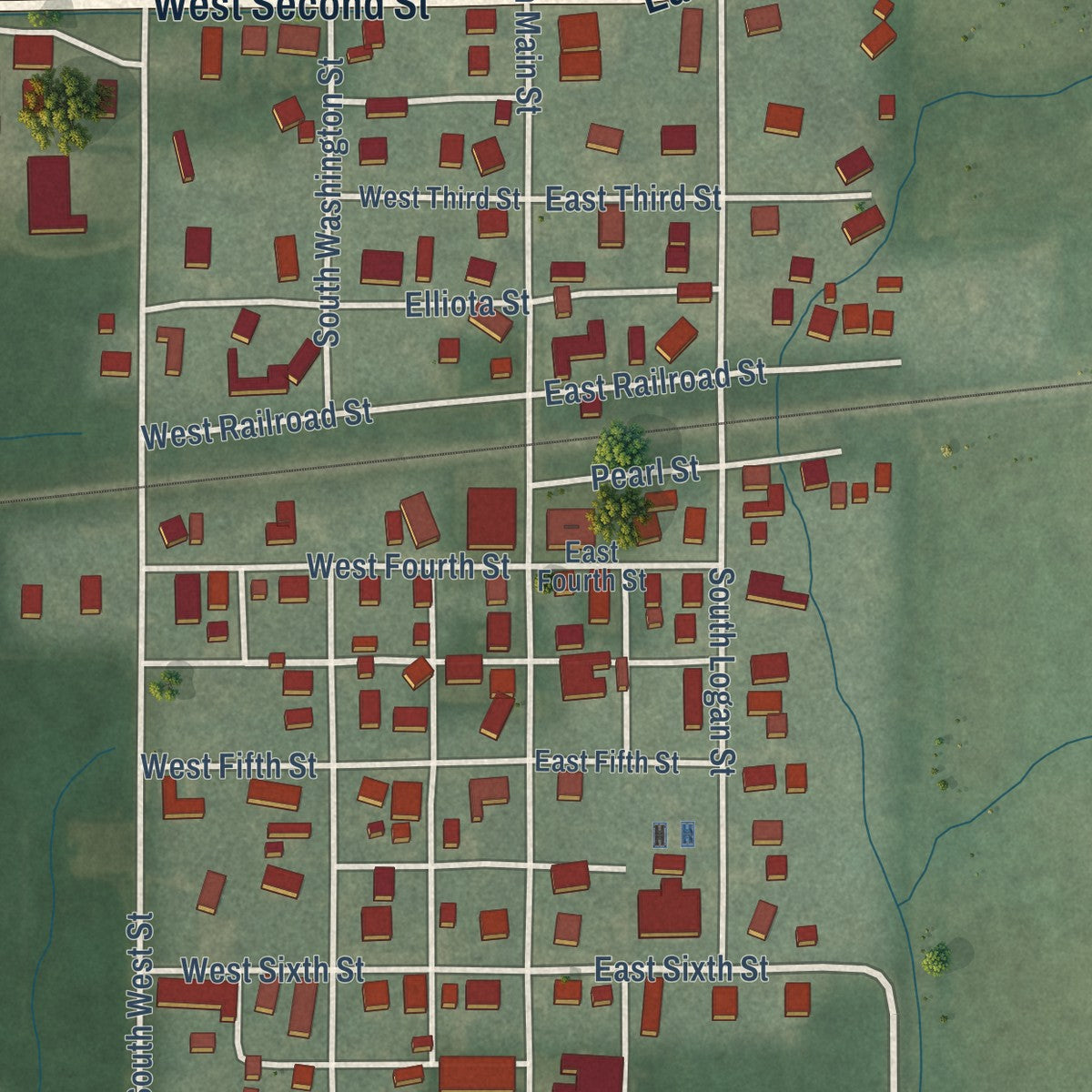 Close-up of the map of Burnettsville, Indiana print showing street and building detail