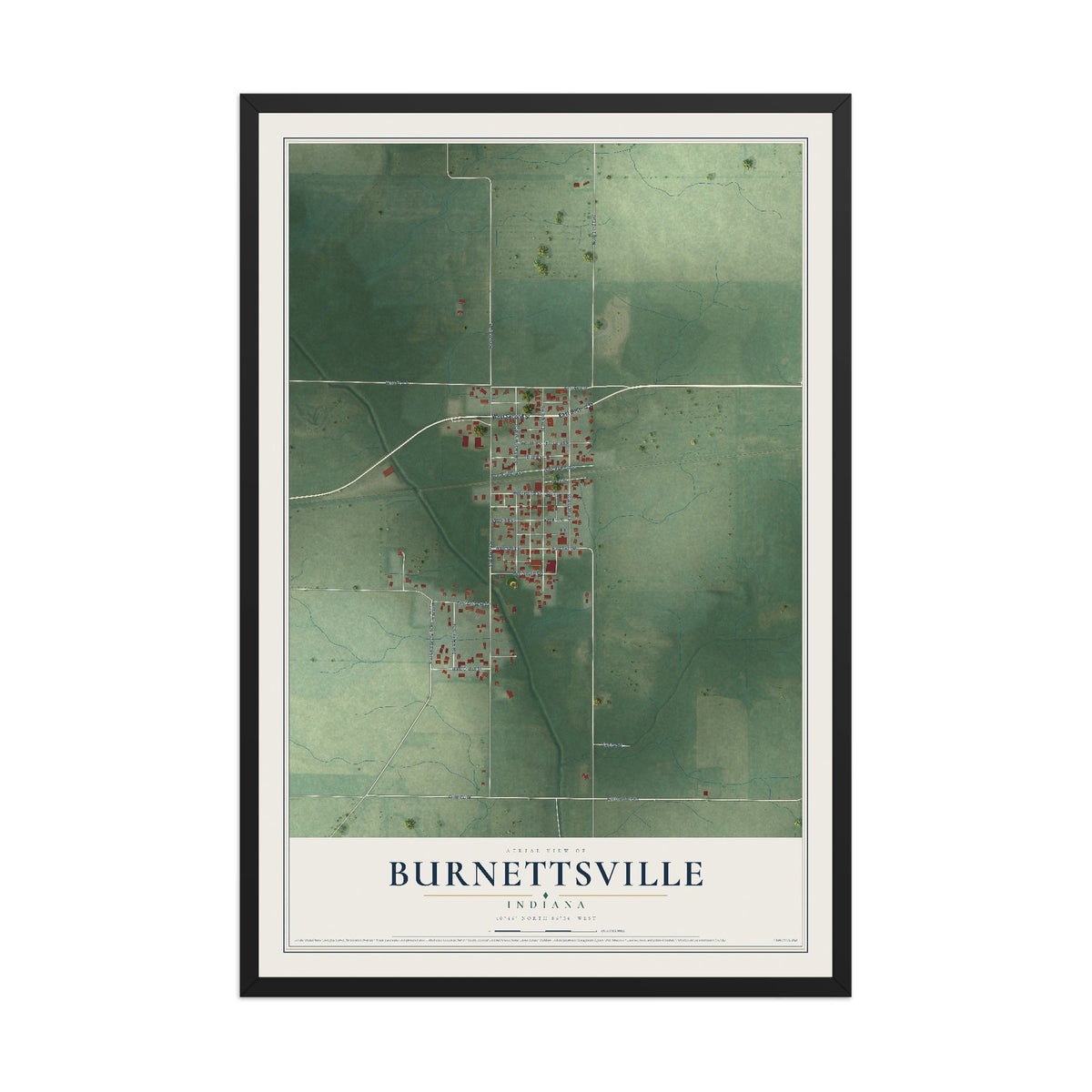 Map of Burnettsville, Indiana, 12 x 18 inch print in a black wood frame