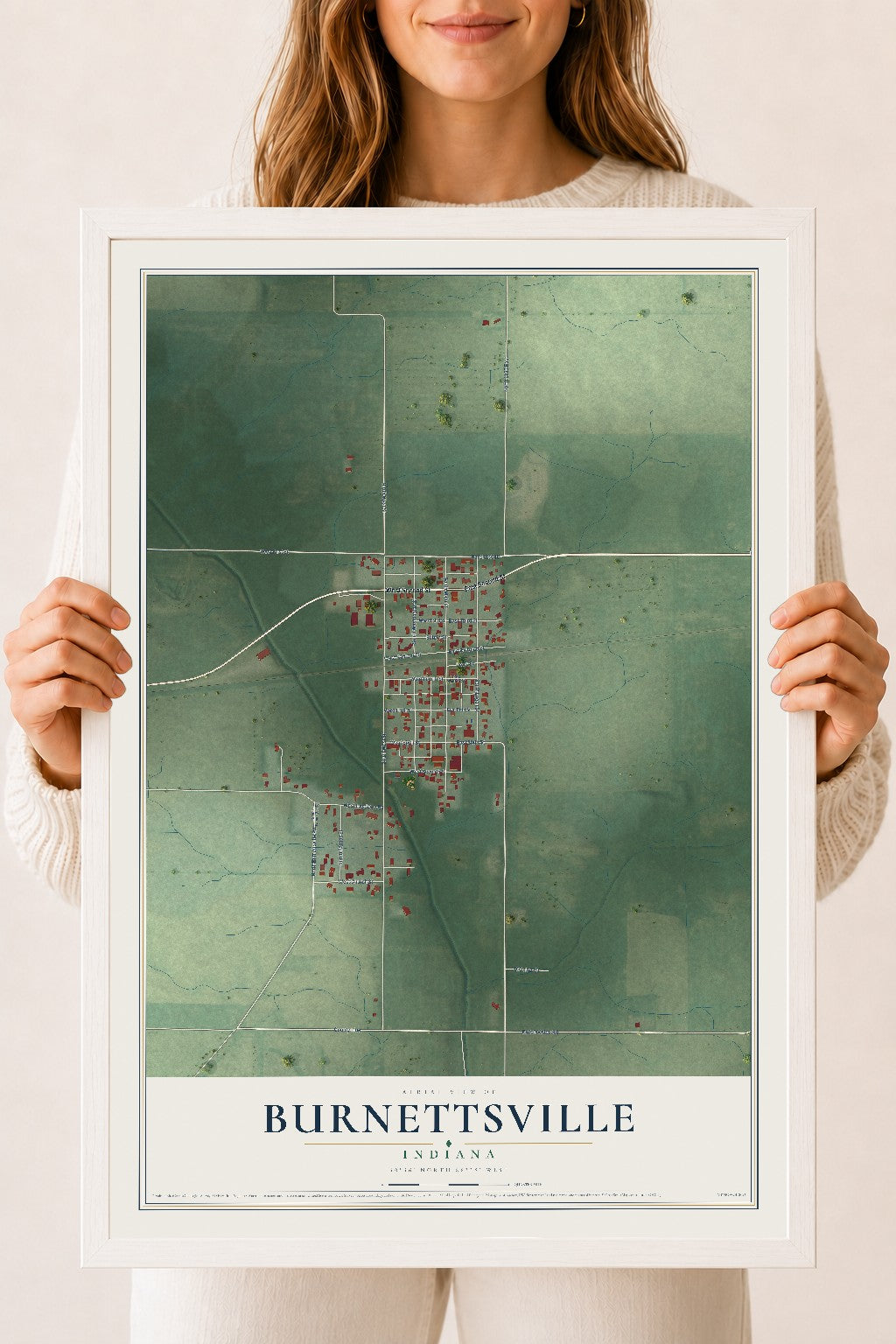 Map of Burnettsville, Indiana, 18 x 24 inch print in a white wood frame