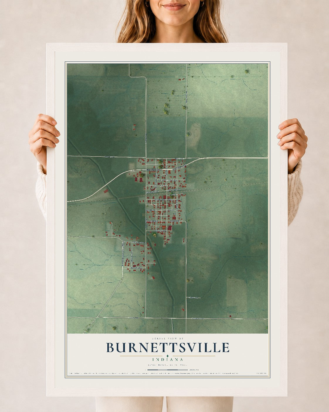 Map of Burnettsville, Indiana, 24 x 36 inch print in a white wood frame