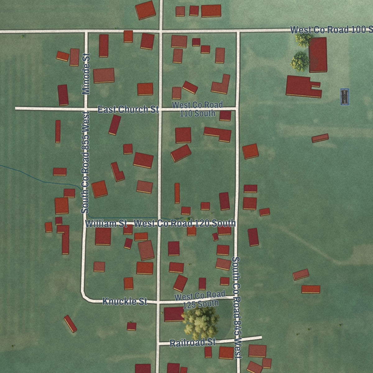 Close-up of the map of Burney, Indiana print showing street and building detail