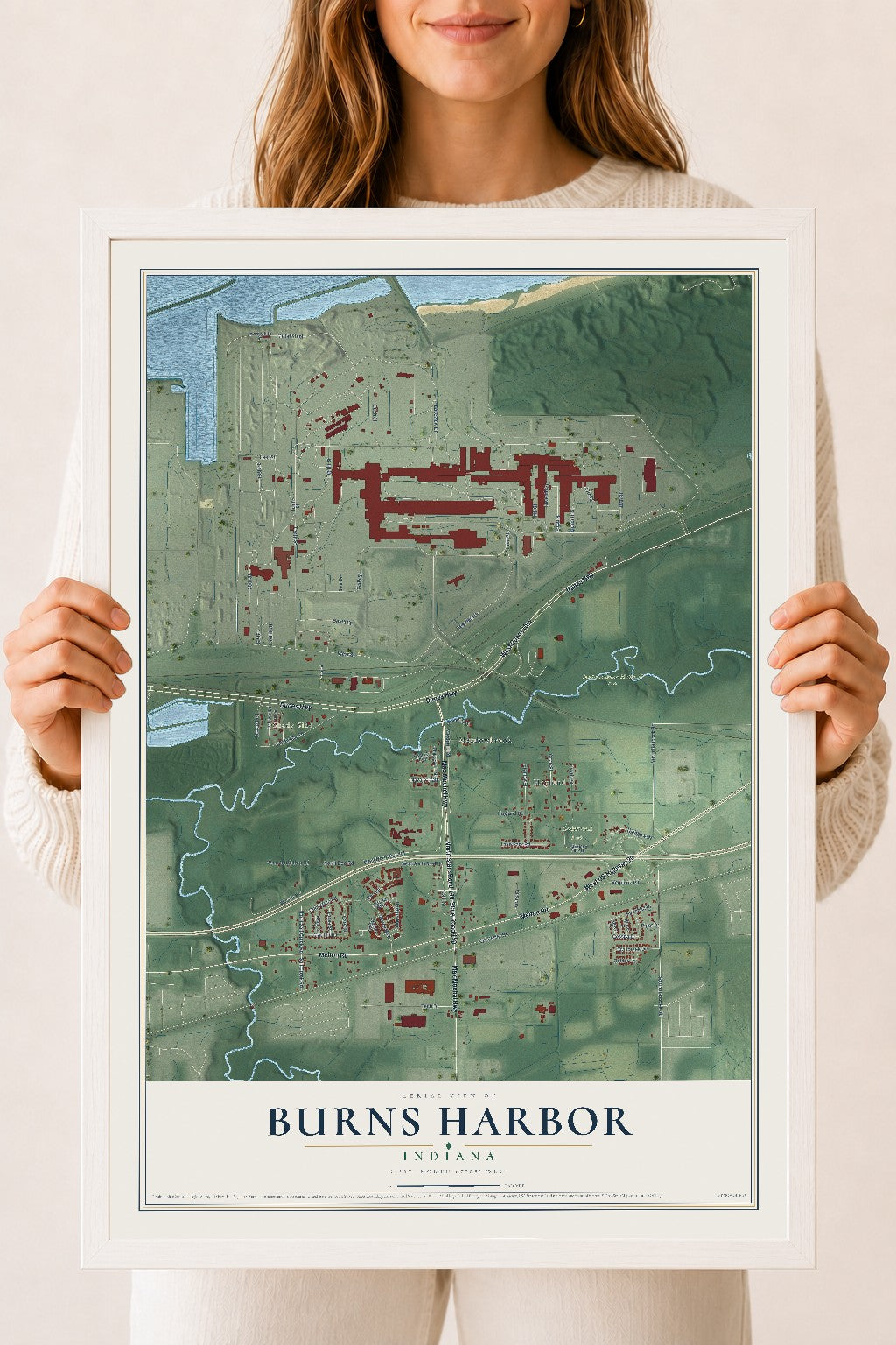 Map of Burns Harbor, Indiana, 18 x 24 inch print in a white wood frame