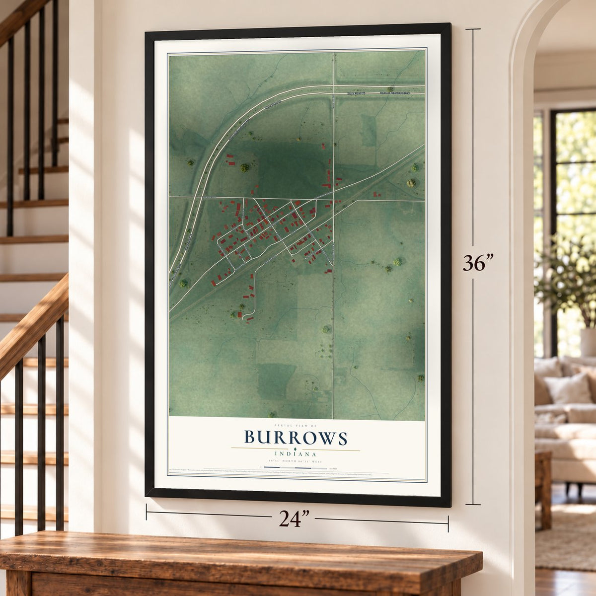 Burrows, Indiana map, 24 x 36 inch print in a black frame by a staircase