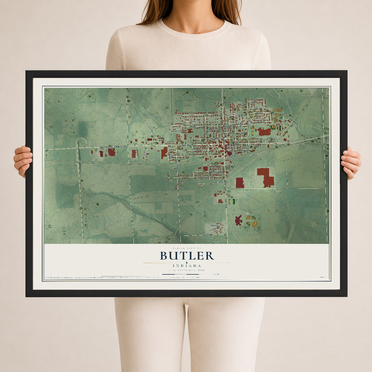 Map of Butler, Indiana, 24 x 36 inch print in a black wood frame