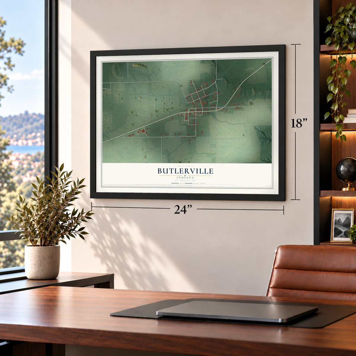 Butlerville, Indiana map, 18 x 24 inch print in a black frame in a home office