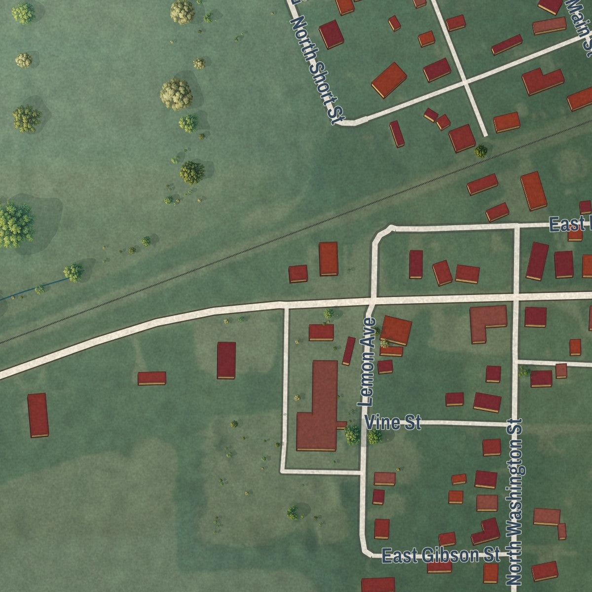Close-up of the map of Butlerville, Indiana print showing street and building detail
